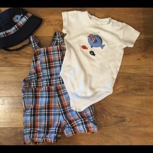 Little fisher bib overalls, onesie, & hat 6-12 mos
